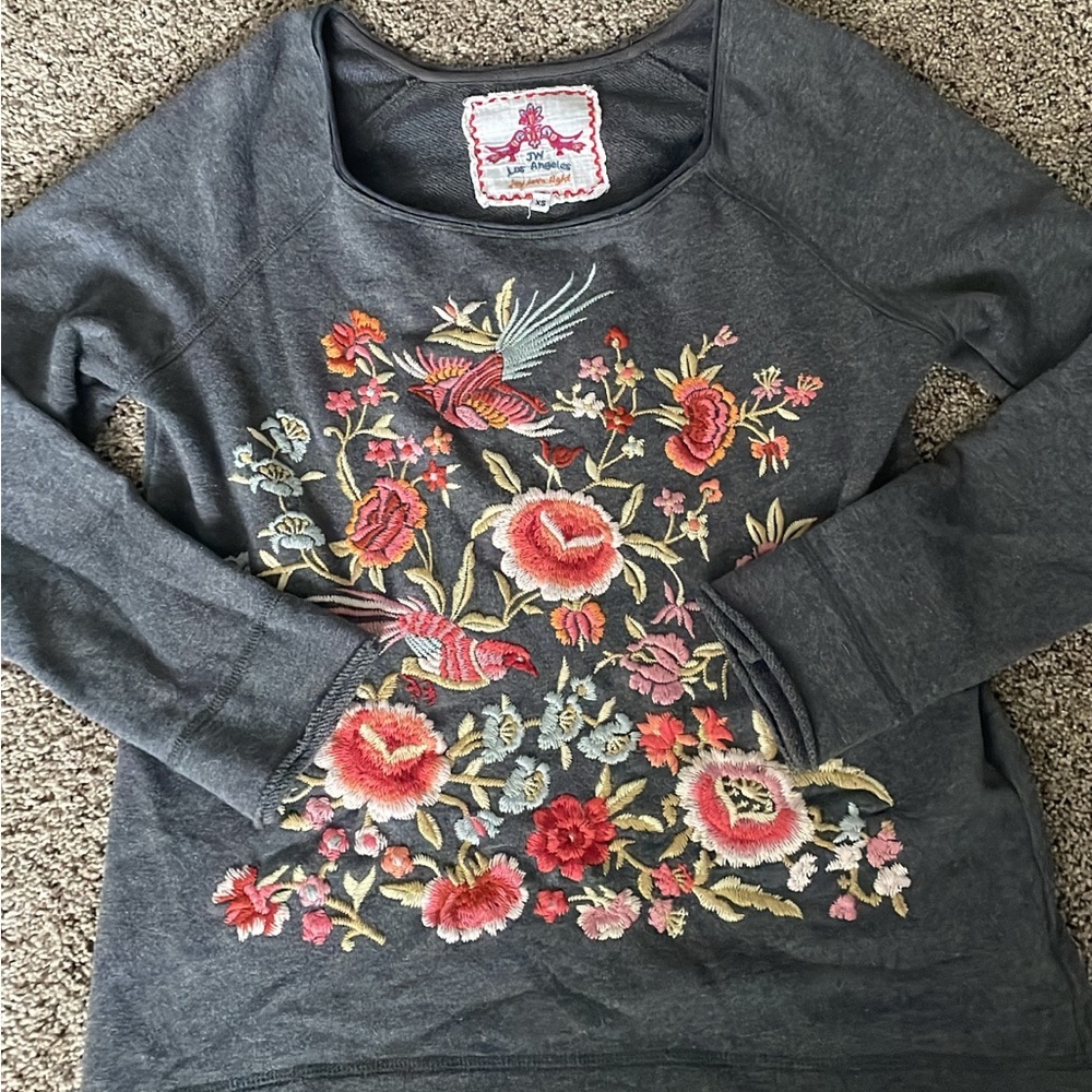 Johnny Was Charcoal Top with Vibrant Embroidery Crew - Picture 2 of 6